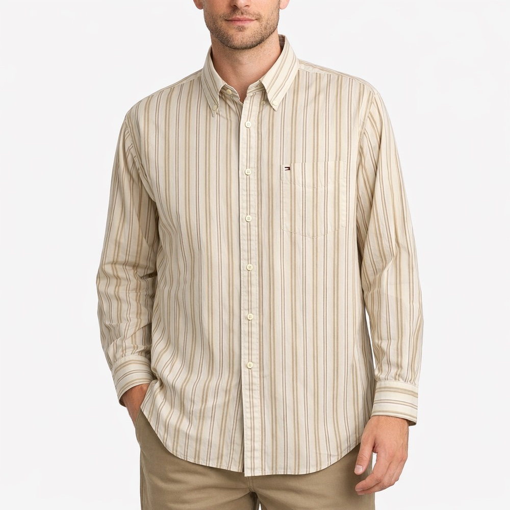 Tommy Hilfiger Beige Tan Stripe Button Down Long Sleeve Shirt XL